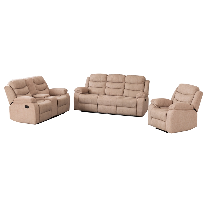 Pemberly Row Fabric Reclining Sofa Set Modern Chair & Loveseat & Sofa Set Camel