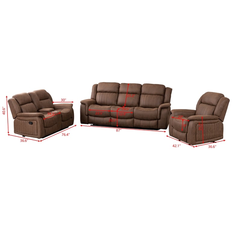 Pemberly Row 3Pc Fabric Reclining Living Room Set with Cup Holders Storage Brown
