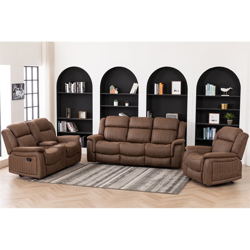 Pemberly Row 3Pc Fabric Reclining Living Room Set with Cup Holders Storage Brown