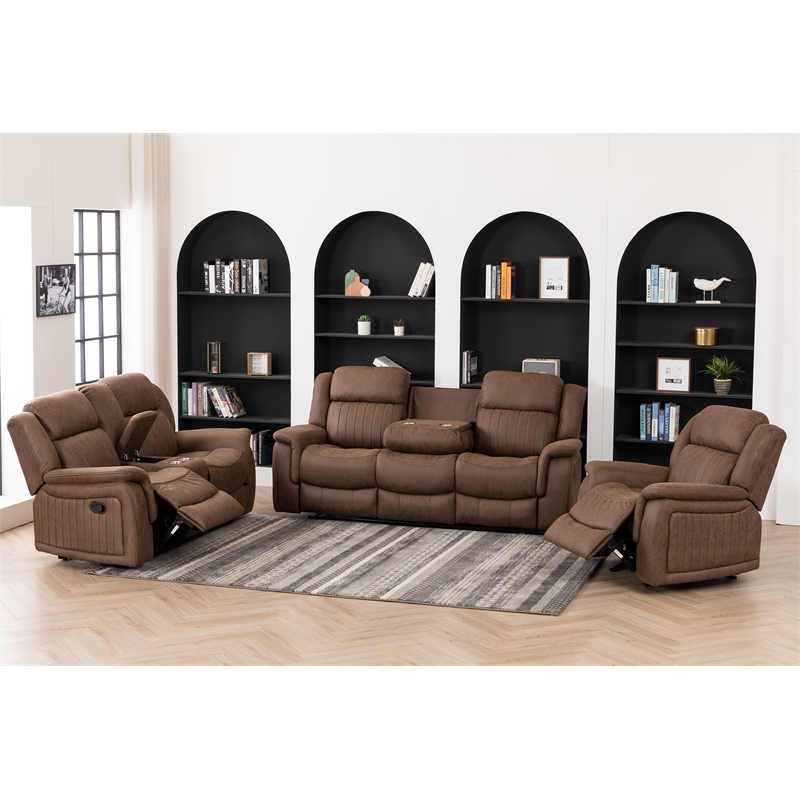 Pemberly Row 3Pc Fabric Reclining Living Room Set with Cup Holders Storage Brown
