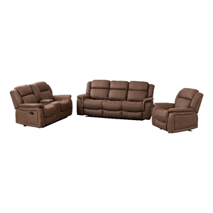 Pemberly Row 3Pc Fabric Reclining Living Room Set with Cup Holders Storage Brown
