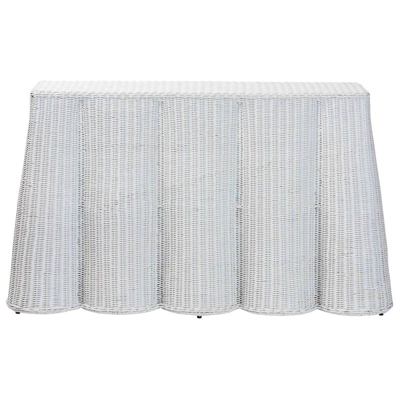 Pemberly Row Modern Bohemian White Scallop Rattan Console Table