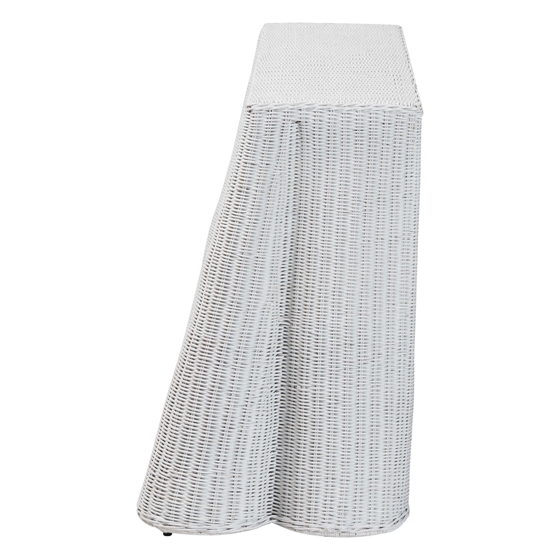 Pemberly Row Modern Bohemian White Scallop Rattan Console Table