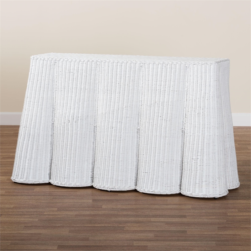 Pemberly Row Modern Bohemian White Scallop Rattan Console Table