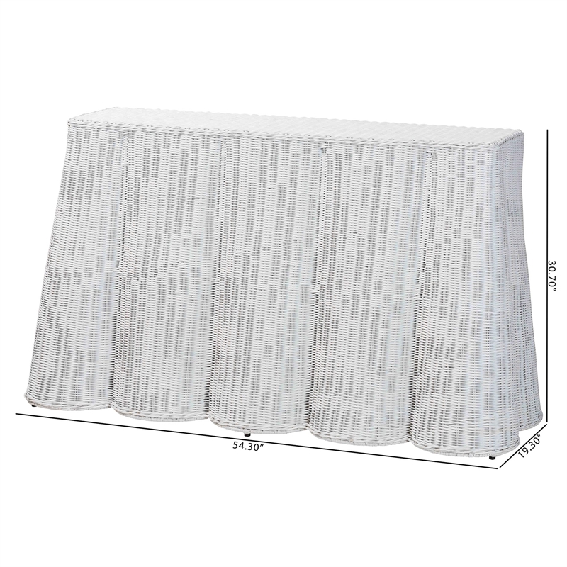 Pemberly Row Modern Bohemian White Scallop Rattan Console Table