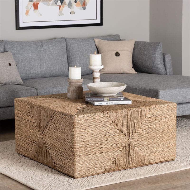 Pemberly Row Contemporary Japandi Natural Seagrass Coffee Table