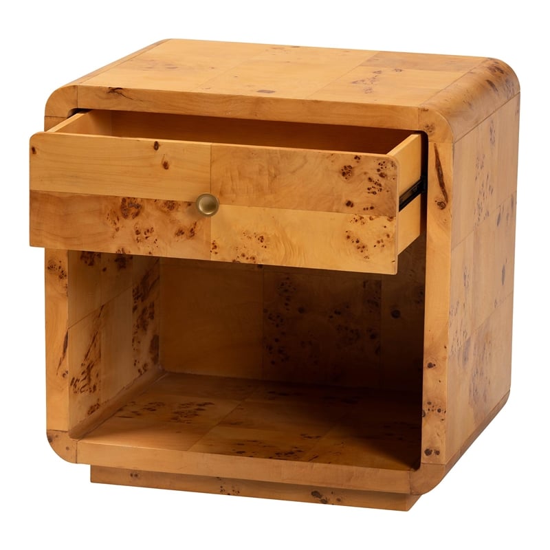 Pemberly Row Modern Natural Real Burl Wood 1-Drawer Nightstand
