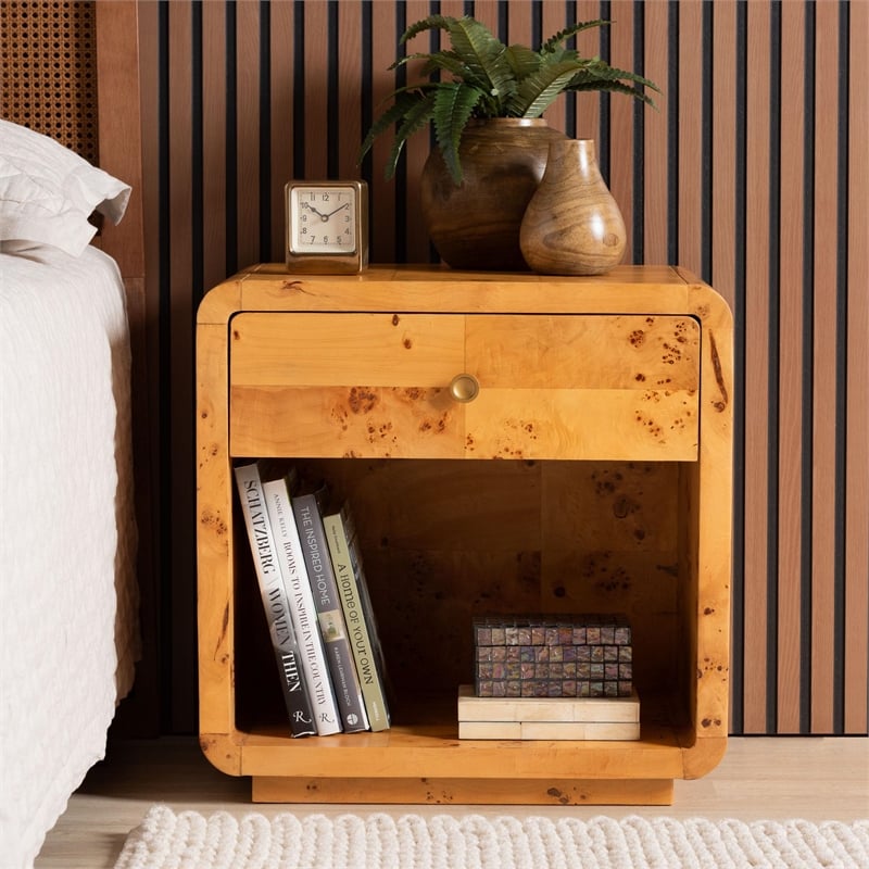 Pemberly Row Modern Natural Real Burl Wood 1-Drawer Nightstand