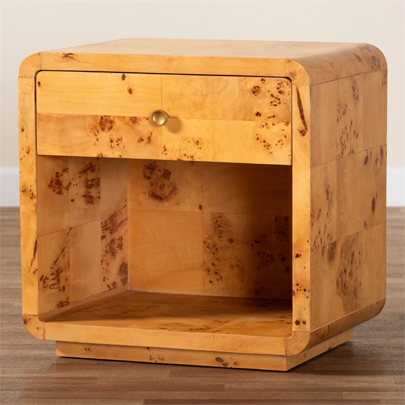 Pemberly Row Modern Natural Real Burl Wood 1-Drawer Nightstand