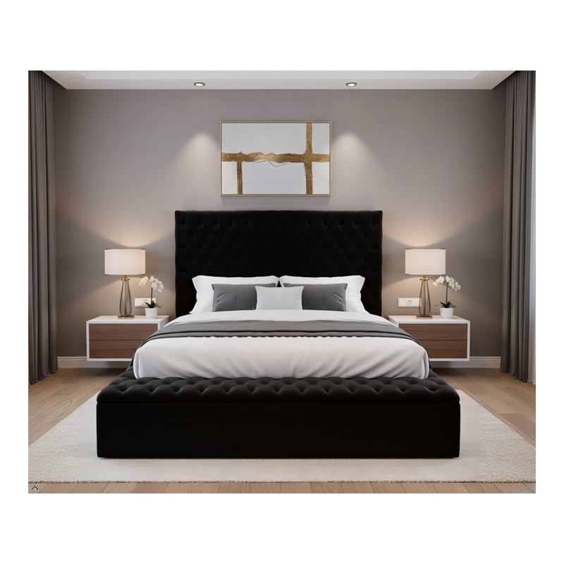 Pemberly Row Modern Solid Wood Tufted Velvet King Bed in Black