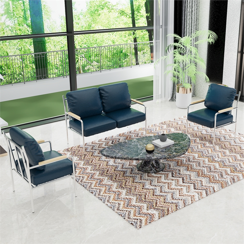 Pemberly Row Armchair Stainless Steel Frame Love Seat & Accent Chair in Blue