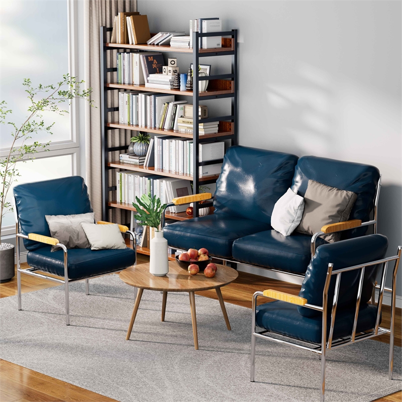 Pemberly Row Armchair Stainless Steel Frame Love Seat & Accent Chair in Blue
