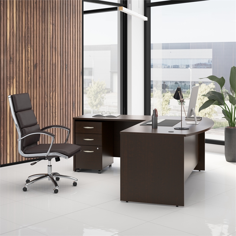 Pemberly Row 72W Bow Front L Shaped Desk w/ Mobile File Cabinet in Mocha Cherry