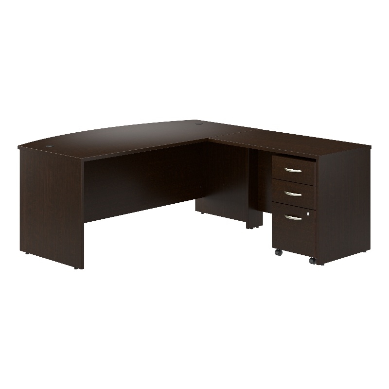 Pemberly Row 72W Bow Front L Shaped Desk w/ Mobile File Cabinet in Mocha Cherry