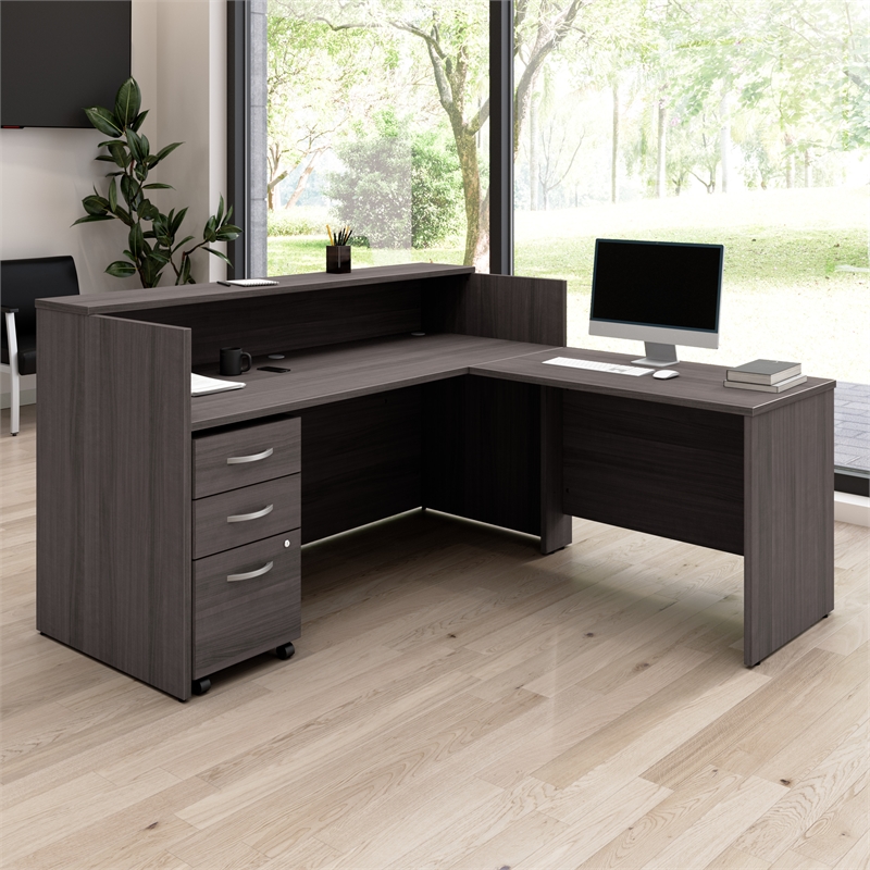 Pemberly Row L Reception Desk with Drawers in Storm Gray - Engineered Wood