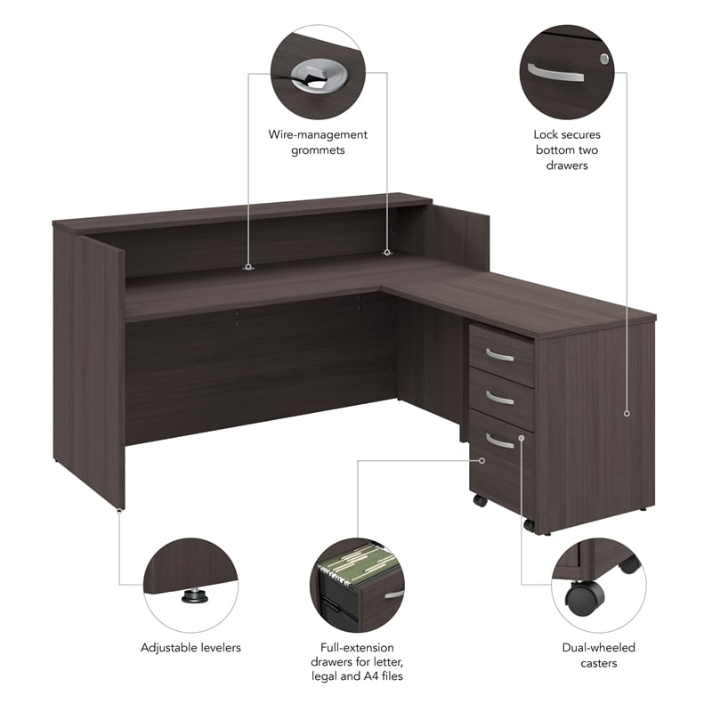 Pemberly Row L Reception Desk with Drawers in Storm Gray - Engineered Wood