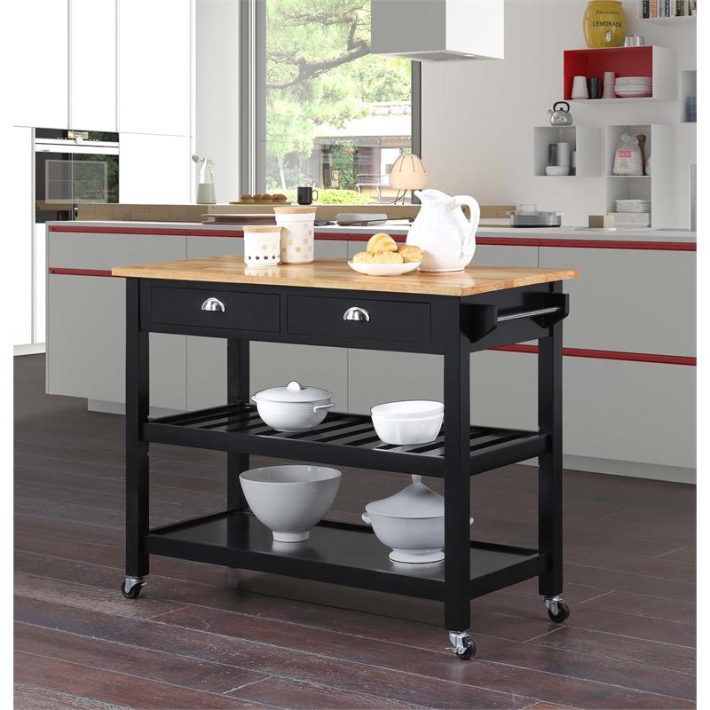 Pemberly Row Three-Tier Butcher Block Kitchen Cart with Drawers in Black Wood