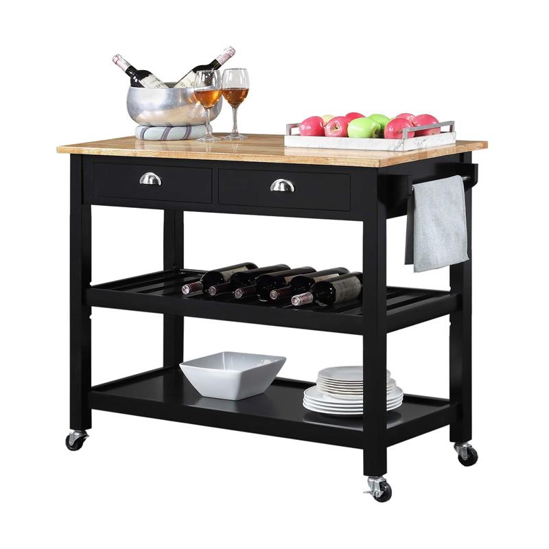Pemberly Row Three-Tier Butcher Block Kitchen Cart with Drawers in Black Wood
