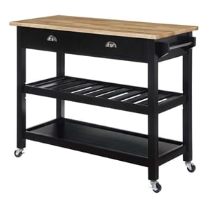 Pemberly Row Three-Tier Butcher Block Kitchen Cart with Drawers in Black Wood