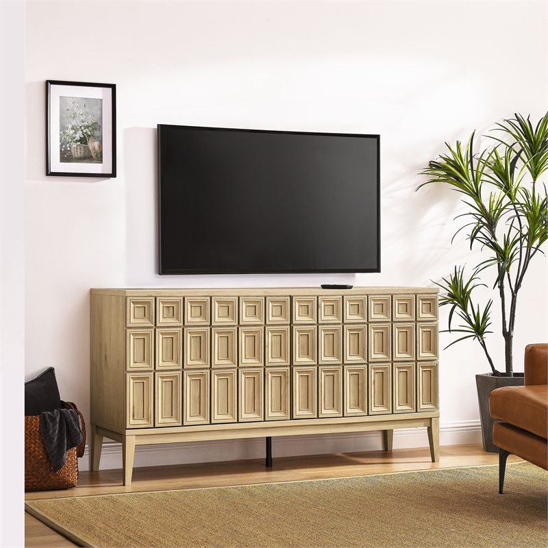 Pemberly Row Adjustable Shelves Rectangular Grid Panels Sideboard in Light Brown