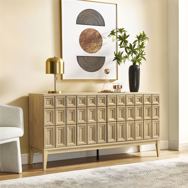 Pemberly Row Adjustable Shelves Rectangular Grid Panels Sideboard in Light Brown