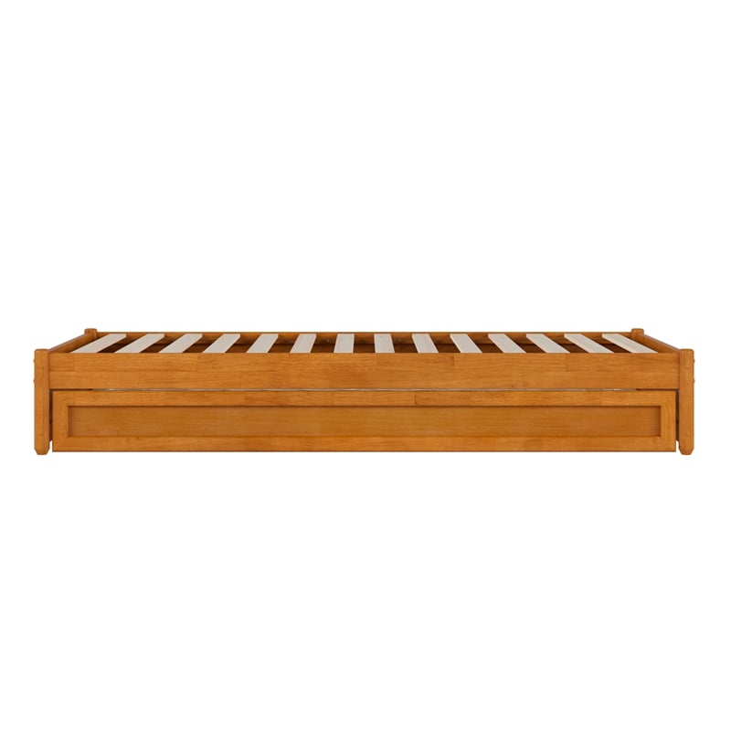 Pemberly Row Twin XL Wood Panel Platform Bed w/ Twin XL Trundle in Light Toffee