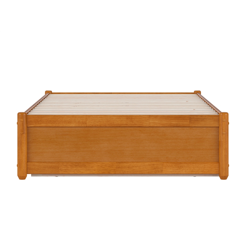 Pemberly Row Twin XL Wood Panel Platform Bed w/ Twin XL Trundle in Light Toffee