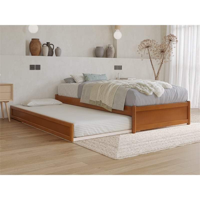 Pemberly Row Twin XL Wood Panel Platform Bed w/ Twin XL Trundle in Light Toffee