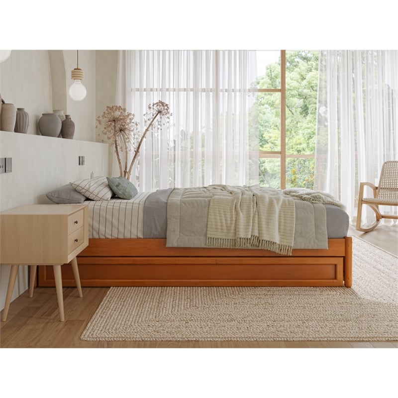 Pemberly Row Twin XL Wood Panel Platform Bed w/ Twin XL Trundle in Light Toffee