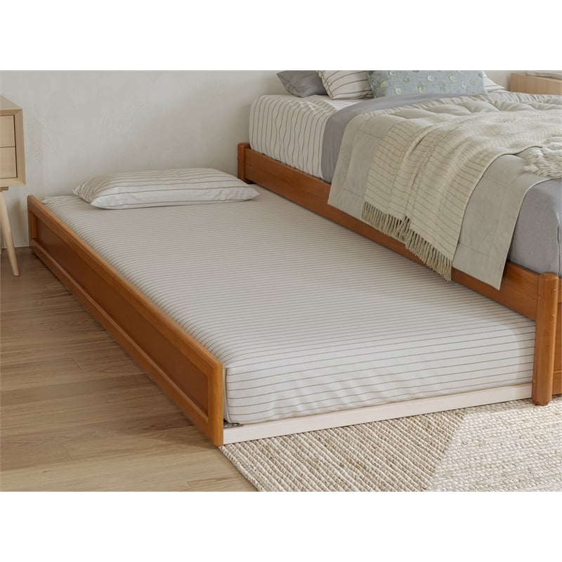 Pemberly Row Twin XL Wood Panel Platform Bed w/ Twin XL Trundle in Light Toffee