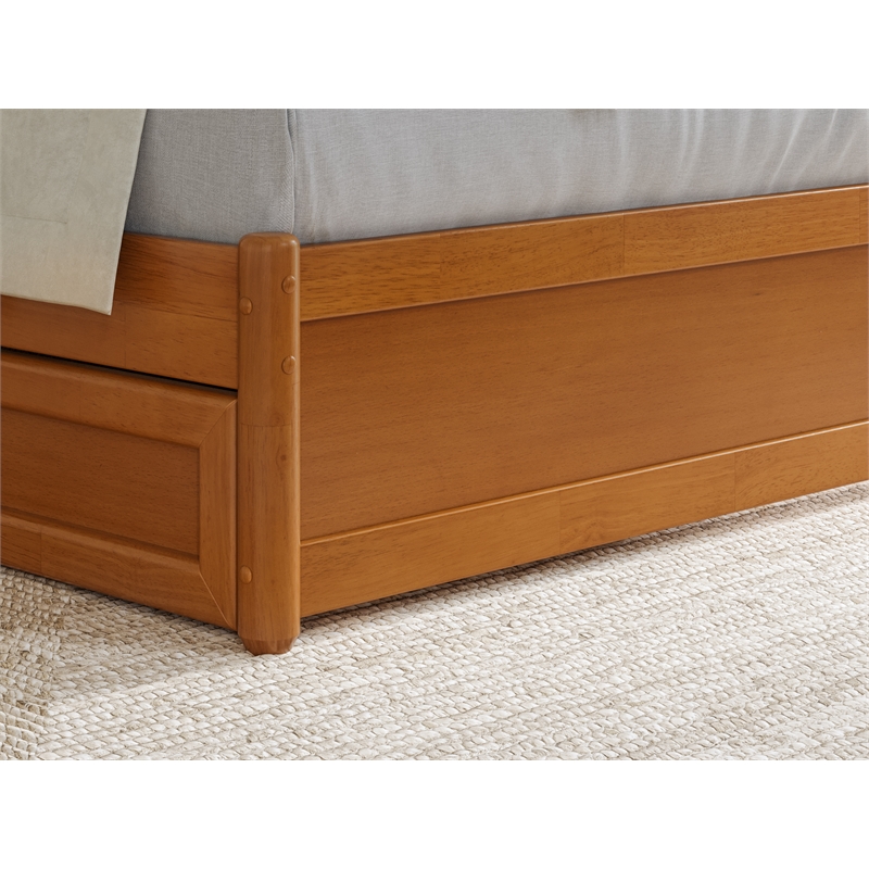 Pemberly Row Twin XL Wood Panel Platform Bed w/ Twin XL Trundle in Light Toffee