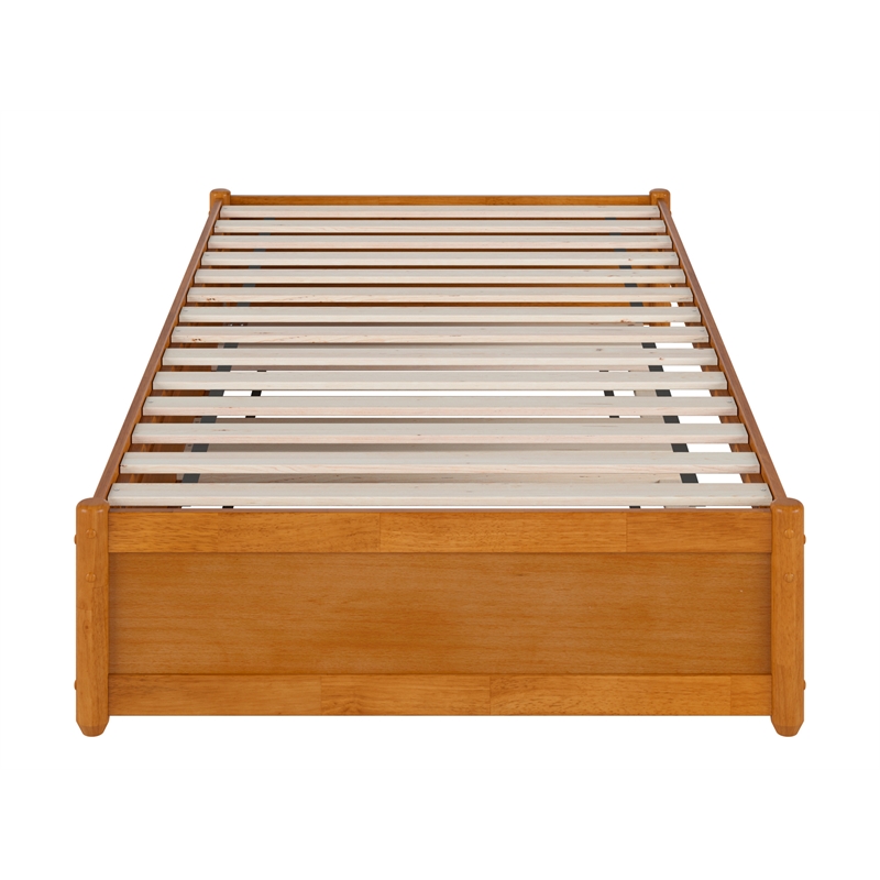 Pemberly Row Twin XL Wood Panel Platform Bed w/ Twin XL Trundle in Light Toffee