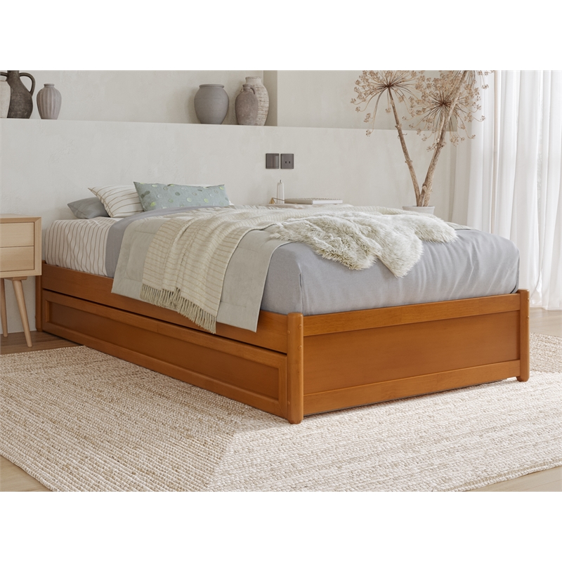 Pemberly Row Twin XL Wood Panel Platform Bed w/ Twin XL Trundle in Light Toffee