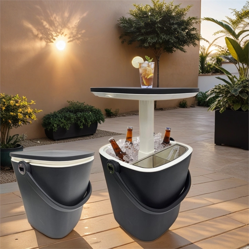 Pemberly Row Black Outdoor Adjustable Portable Bar Table with Ice Bucket