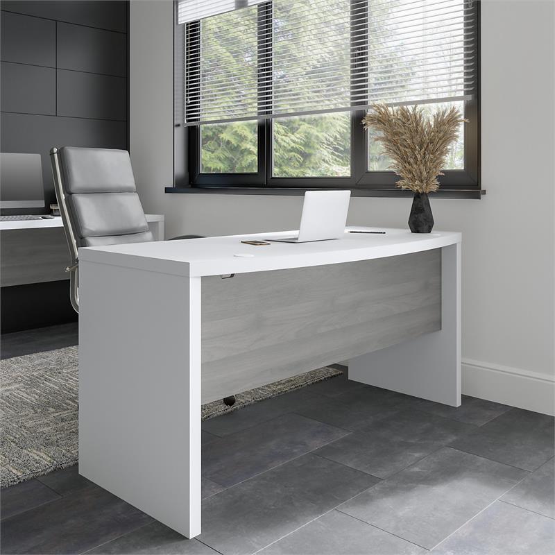 Pemberly Row 60W Bow Front Desk in Pure White and Modern Gray - Engineered Wood