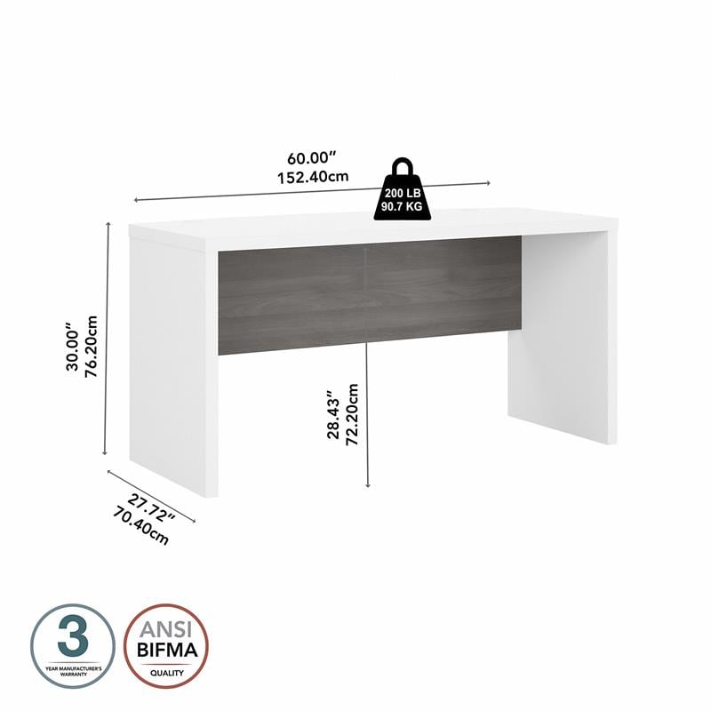 Pemberly Row 60W Bow Front Desk in Pure White and Modern Gray - Engineered Wood