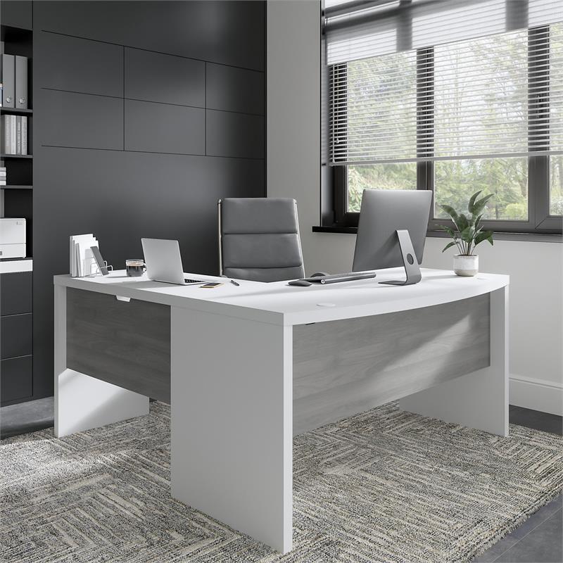 Pemberly Row 60W Bow Front Desk in Pure White and Modern Gray - Engineered Wood