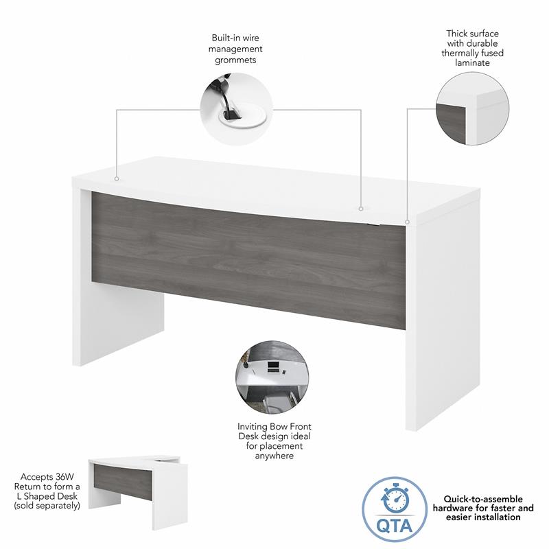 Pemberly Row 60W Bow Front Desk in Pure White and Modern Gray - Engineered Wood