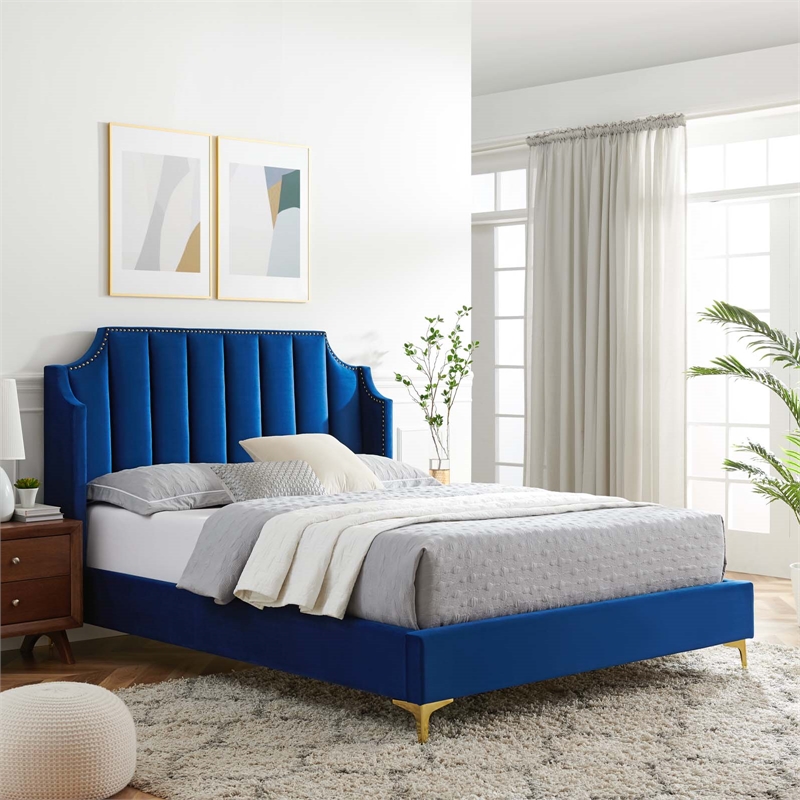 Pemberly Row Modern Performance Velvet Queen Platform Bed in Navy