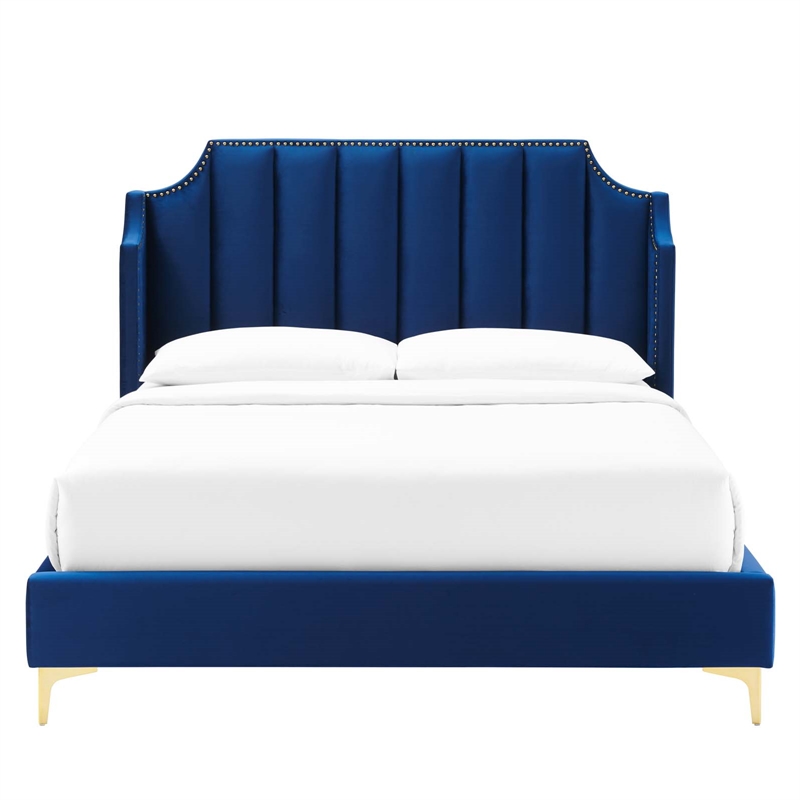 Pemberly Row Modern Performance Velvet Queen Platform Bed in Navy