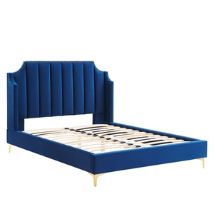 Pemberly Row Modern Performance Velvet Queen Platform Bed in Navy