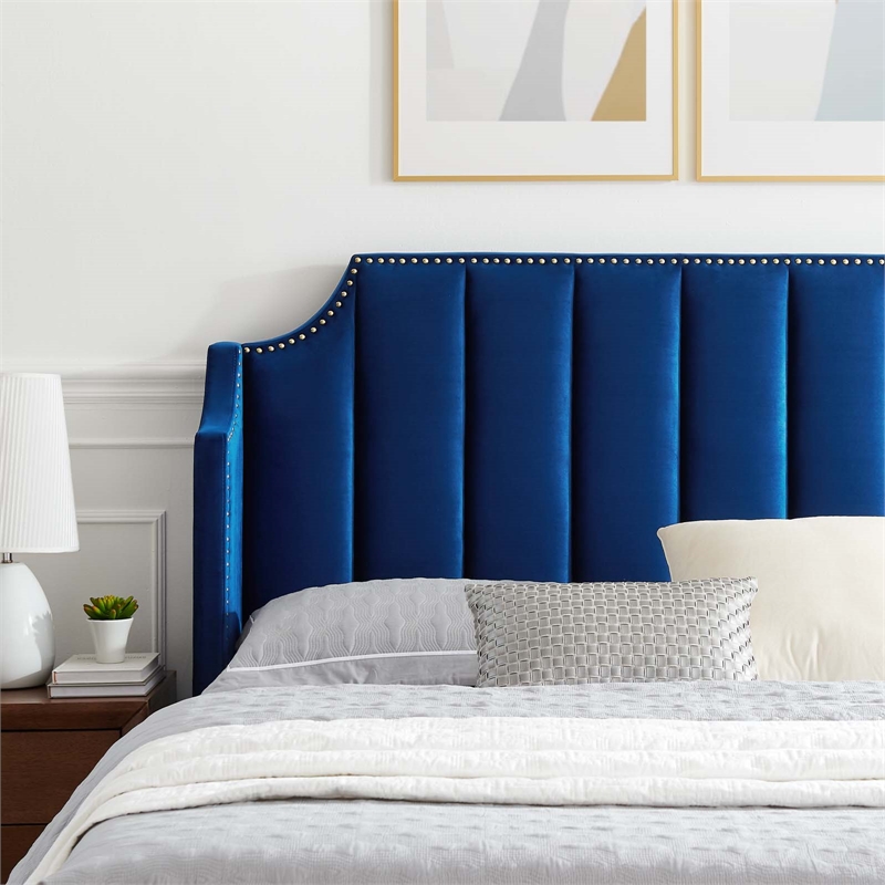 Pemberly Row Modern Performance Velvet Queen Platform Bed in Navy