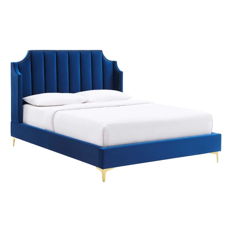 Pemberly Row Modern Performance Velvet Queen Platform Bed in Navy