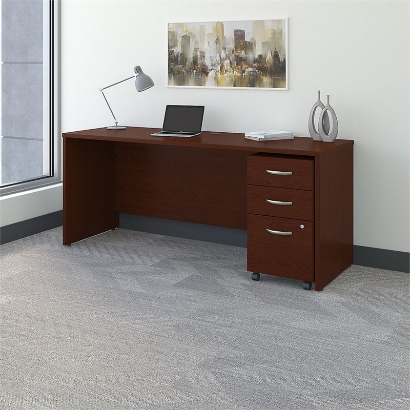 Pemberly Row 72W Office Desk with File Cabinet in Mahogany - Engineered Wood