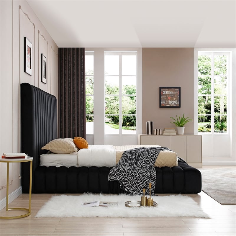 Pemberly Row Modern Velvet Upholstered Full Platform Bed in Black