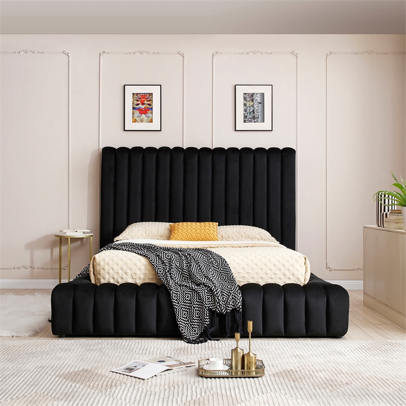 Pemberly Row Modern Velvet Upholstered Full Platform Bed in Black