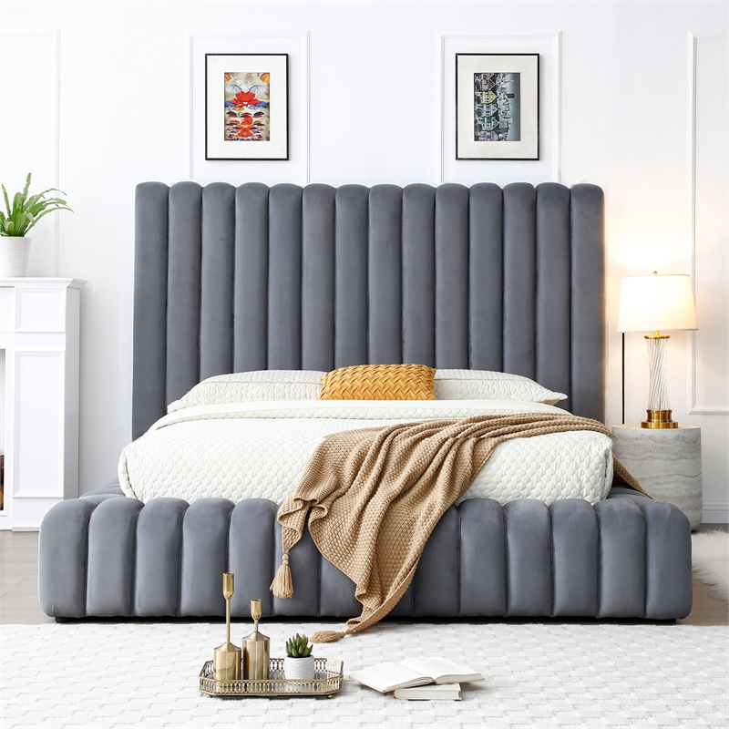 Pemberly Row Modern Velvet Upholstered Queen Platform Bed in Gray