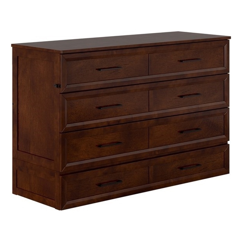 Pemberly Row Queen Wood Murphy Bed Chest w/ Mattress Drawer & Charger in Walnut