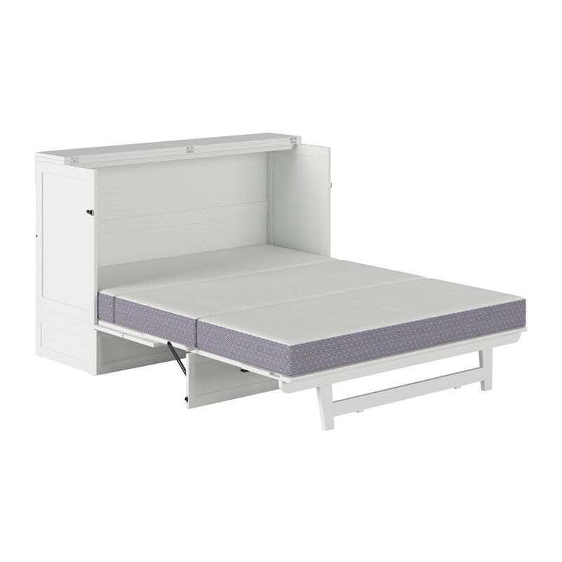 Pemberly Row Queen Wood Murphy Bed Chest with Mattress Drawer & Charger in White