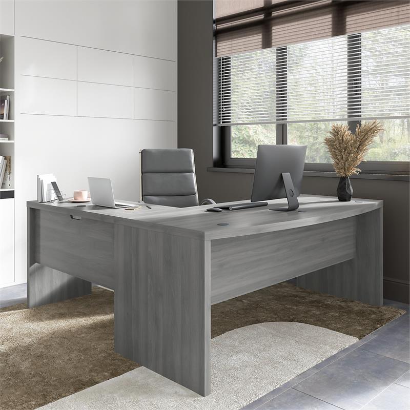 Pemberly Row 72W Bow Front L Shaped Desk and Chair Set in Gray - Engineered Wood